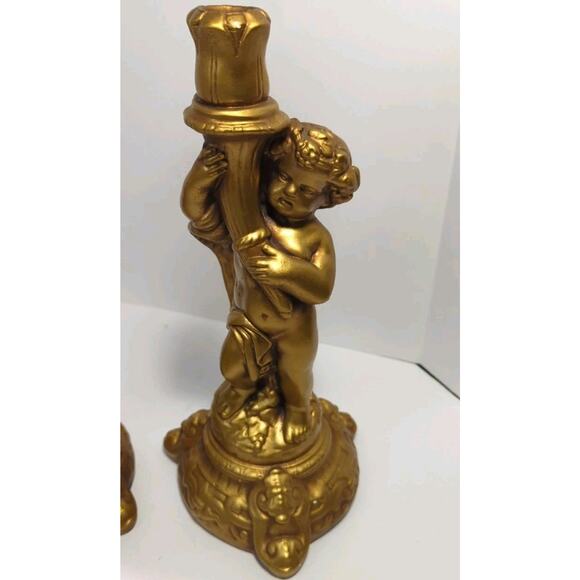 Set Of 2 VTG Gold Cherub Candleholder Candle Stick Chalk ware 13” - Picture 2 of 12